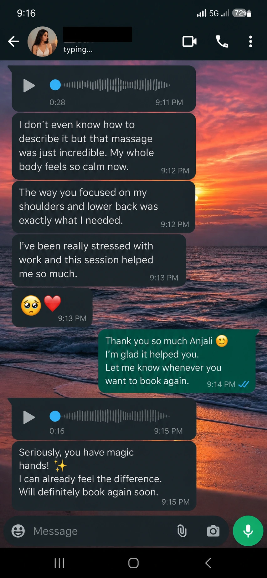 Client WhatsApp message screenshot sharing feedback after a massage session