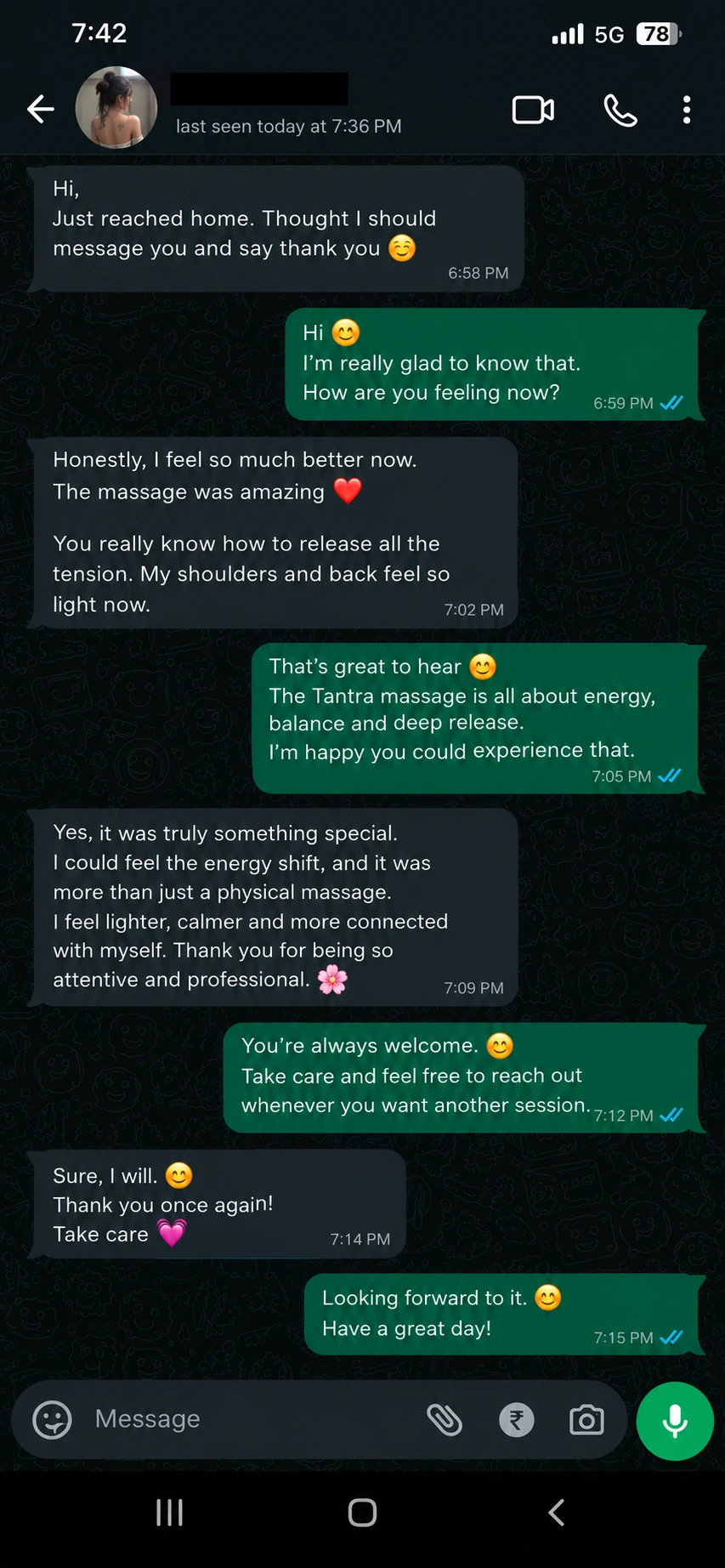 Client WhatsApp message screenshot sharing feedback after a massage session