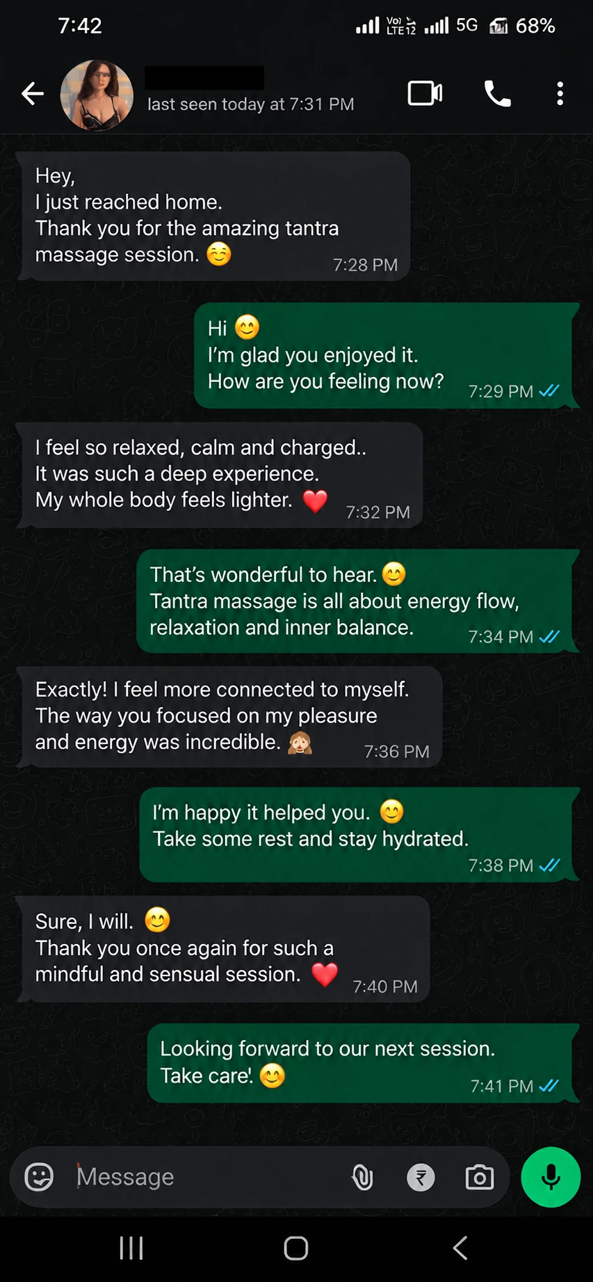 Client WhatsApp message screenshot sharing feedback after a massage session