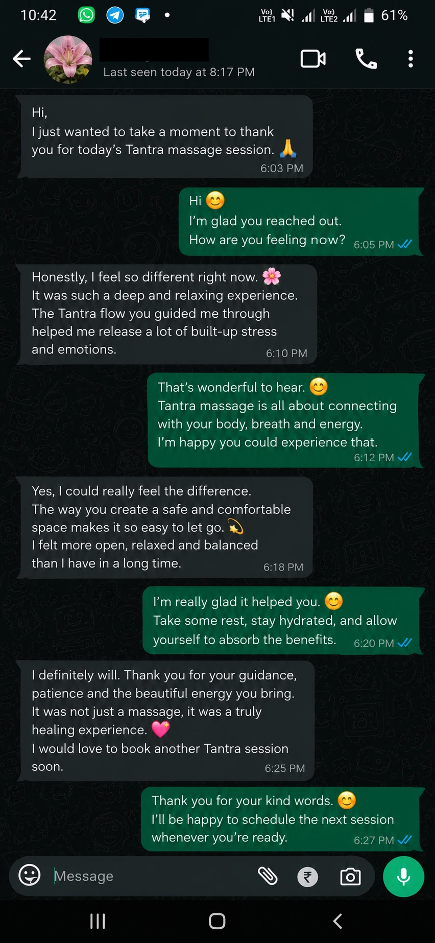 Client WhatsApp message screenshot sharing feedback after a massage session