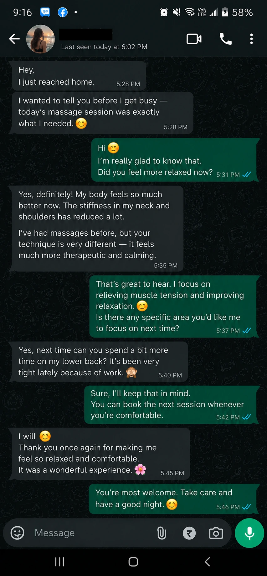 Client WhatsApp message screenshot sharing feedback after a massage session