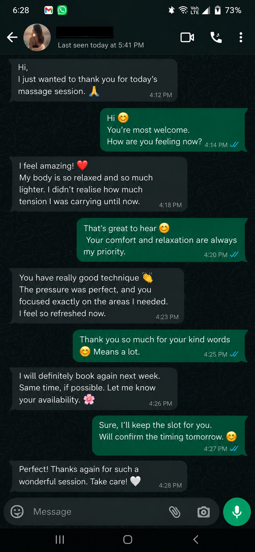 Client WhatsApp message screenshot sharing feedback after a massage session